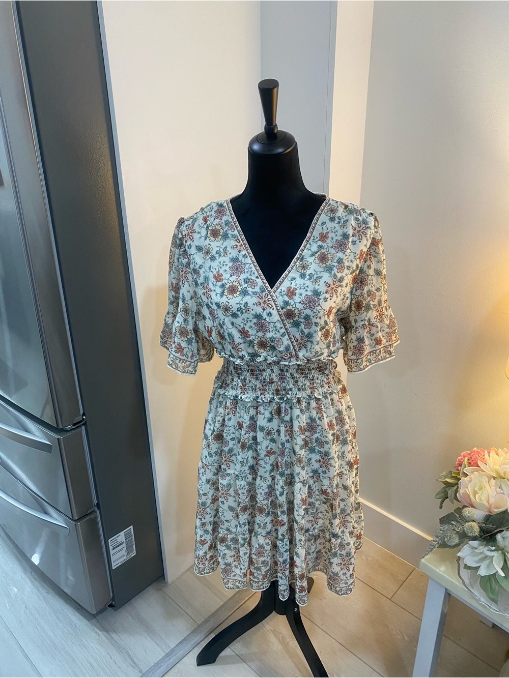 Max Studio Cream Floral Wrap Dress with Brown & Green Accents
